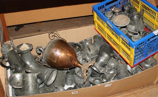 19C copper tea urn, 19C large pewter meat plate and sundry pewter (faults)
